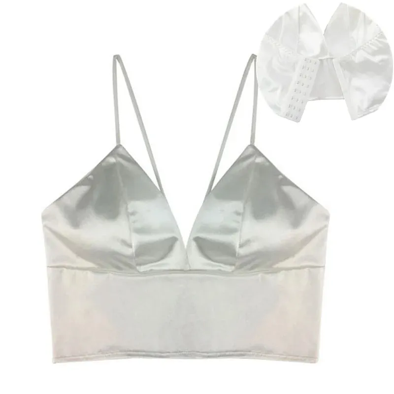 Sexy Satin Crop Tops Women Wireless Bralette Crochet Top Female Spaghetti Strap T-shirt Cropped With Chest Padded Camisole Camis