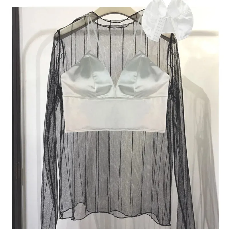Sexy Satin Crop Tops Women Wireless Bralette Crochet Top Female Spaghetti Strap T-shirt Cropped With Chest Padded Camisole Camis