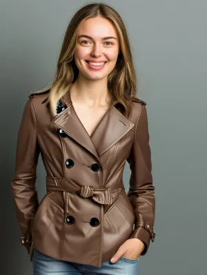 Short Double-Breasted Leather Coat for Women