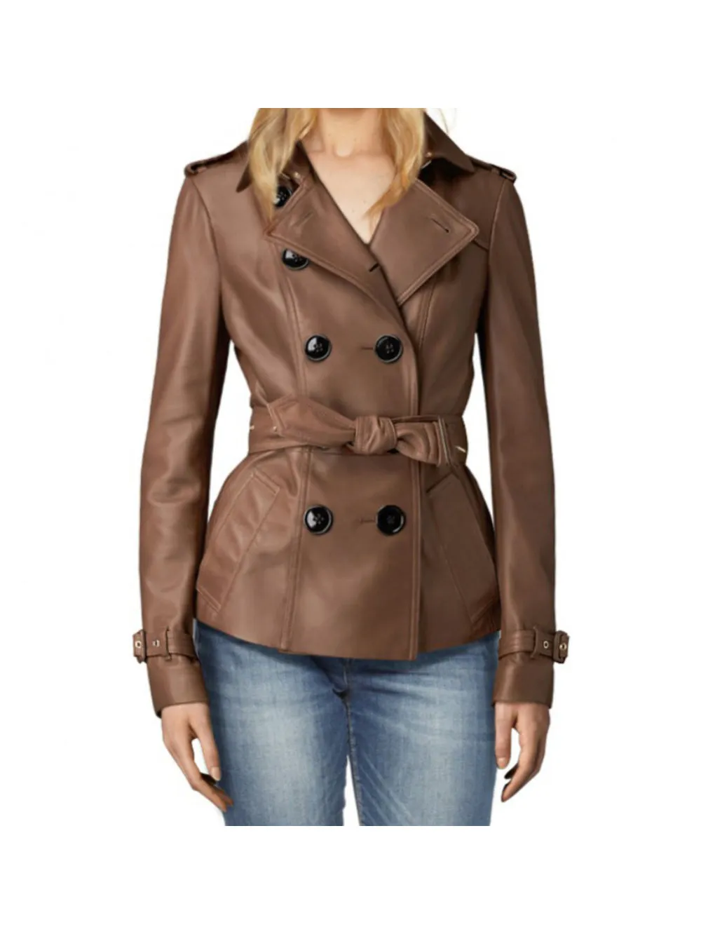 Short Double-Breasted Leather Coat for Women