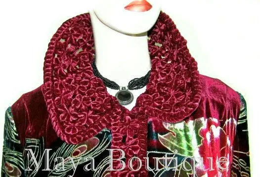 Silk Velvet Opera Coat Duster RED Multi Peacock Design Wearable Art Long 2X / 3X