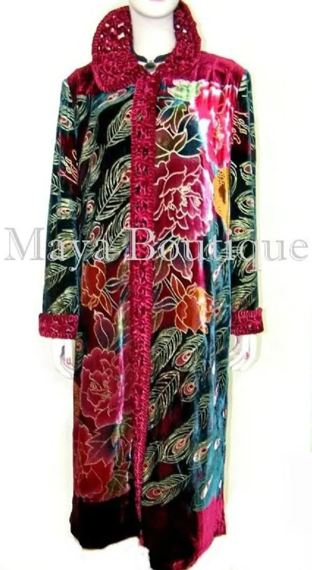 Silk Velvet Opera Coat Duster RED Multi Peacock Design Wearable Art Long 2X / 3X