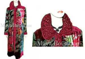 Silk Velvet Opera Coat Duster RED Multi Peacock Design Wearable Art Long 2X / 3X