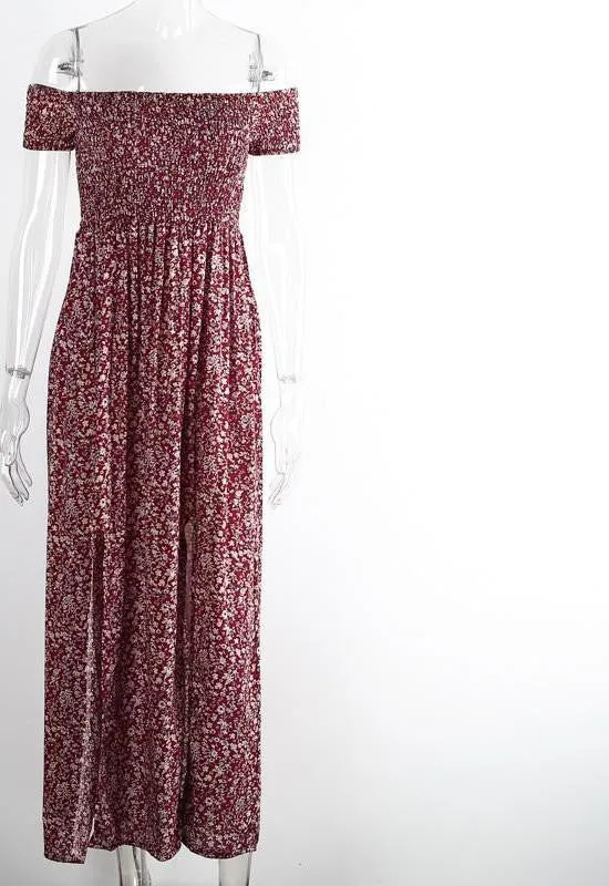 Simplee Apparel sexy side split off shoulder print summer dress High waist pleated maxi dress women Vintage beach dress vestidos