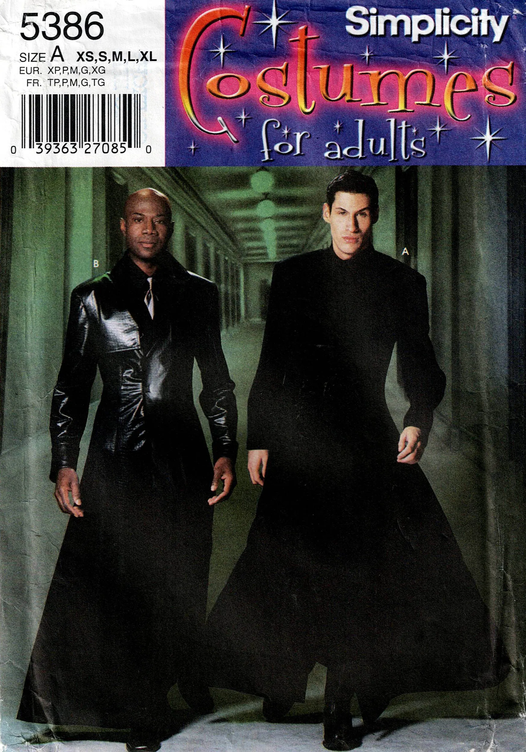 Simplicity 5386 Mens MATRIX Costume Neo Goth Long Duster Coat Out Of Print Sewing Pattern Size XS - XL UNCUT Factory Folded