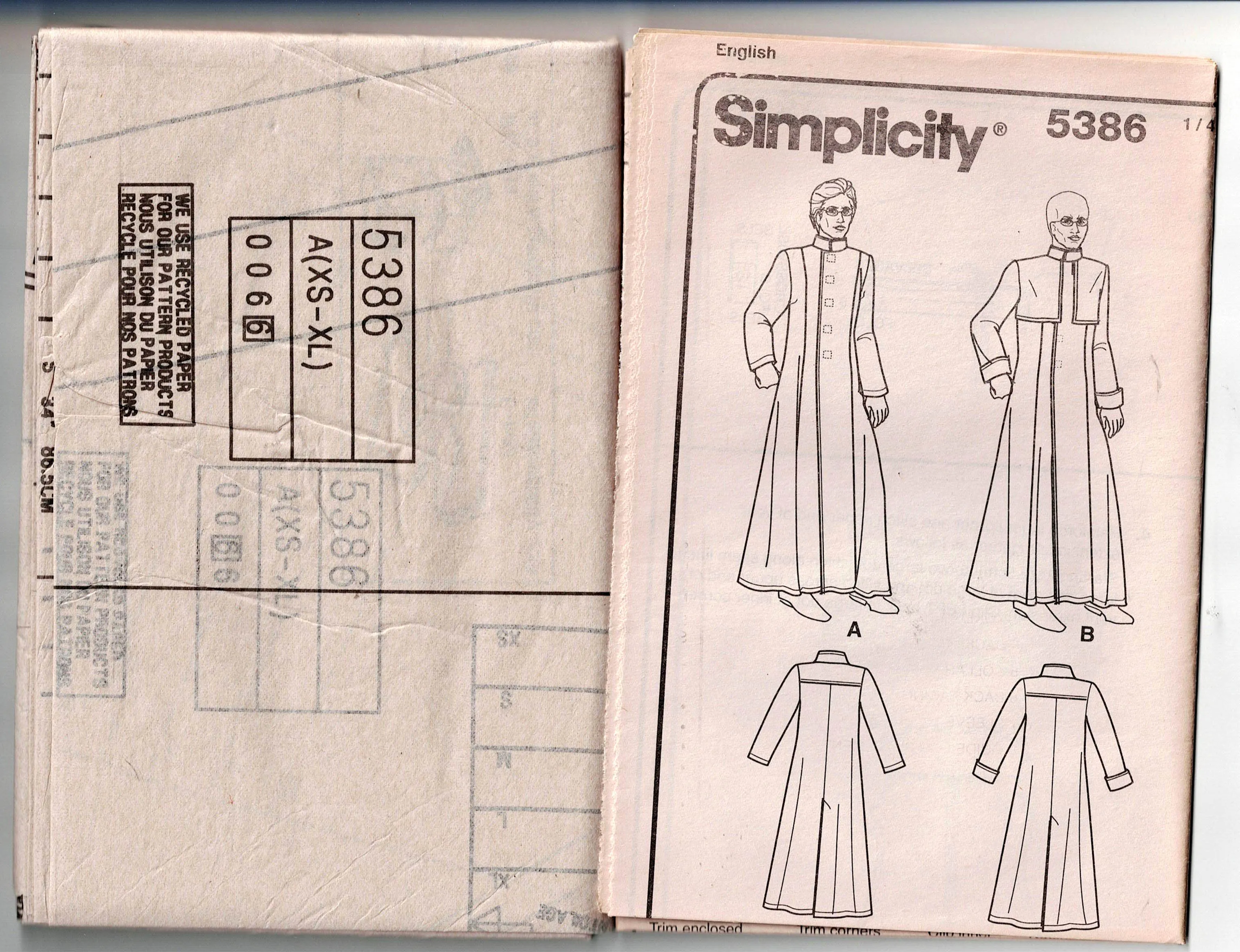 Simplicity 5386 Mens MATRIX Costume Neo Goth Long Duster Coat Out Of Print Sewing Pattern Size XS - XL UNCUT Factory Folded