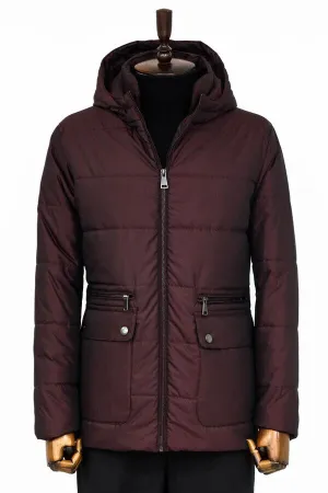 Slim Fit Hooded Burgundy Men Coat - Wessi