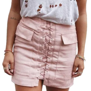 Slim High Waist Lace Up Suede Skirt