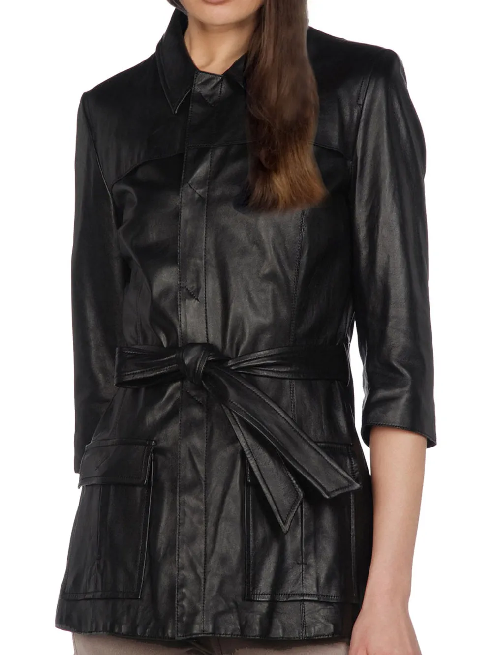 Snap Closure Sleek Leather Coat for Women
