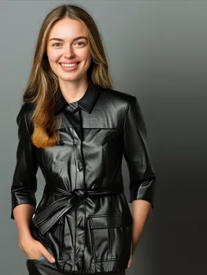 Snap Closure Sleek Leather Coat for Women
