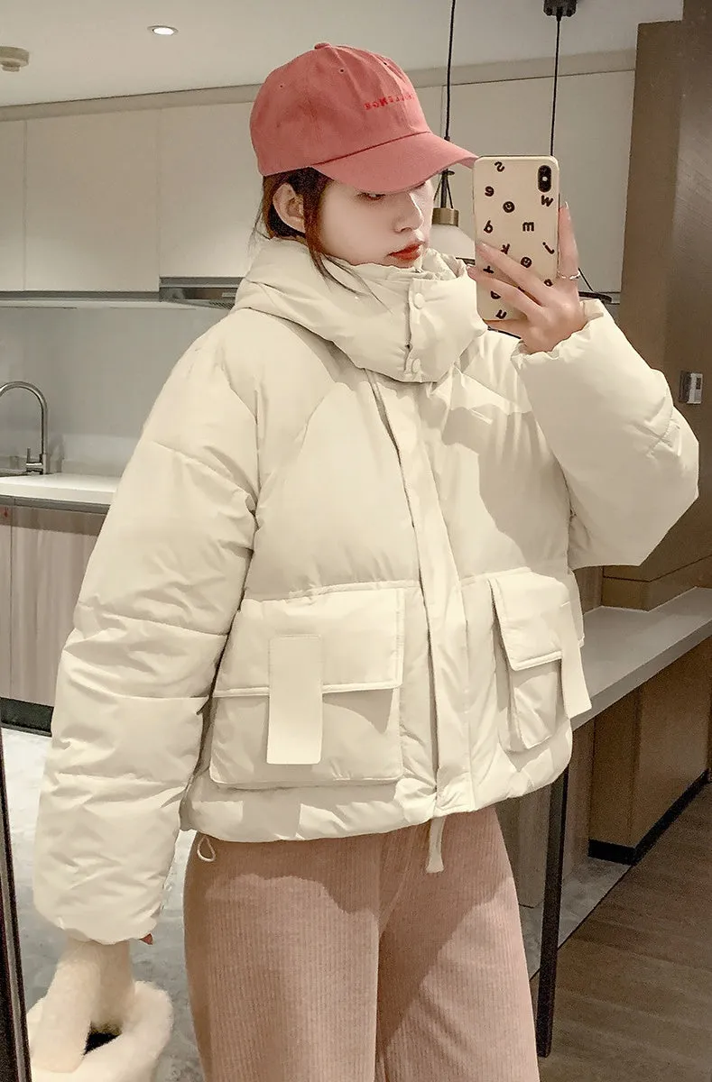 Solid Color Quilted Puffer Jacket with Flap and Patch Pockets