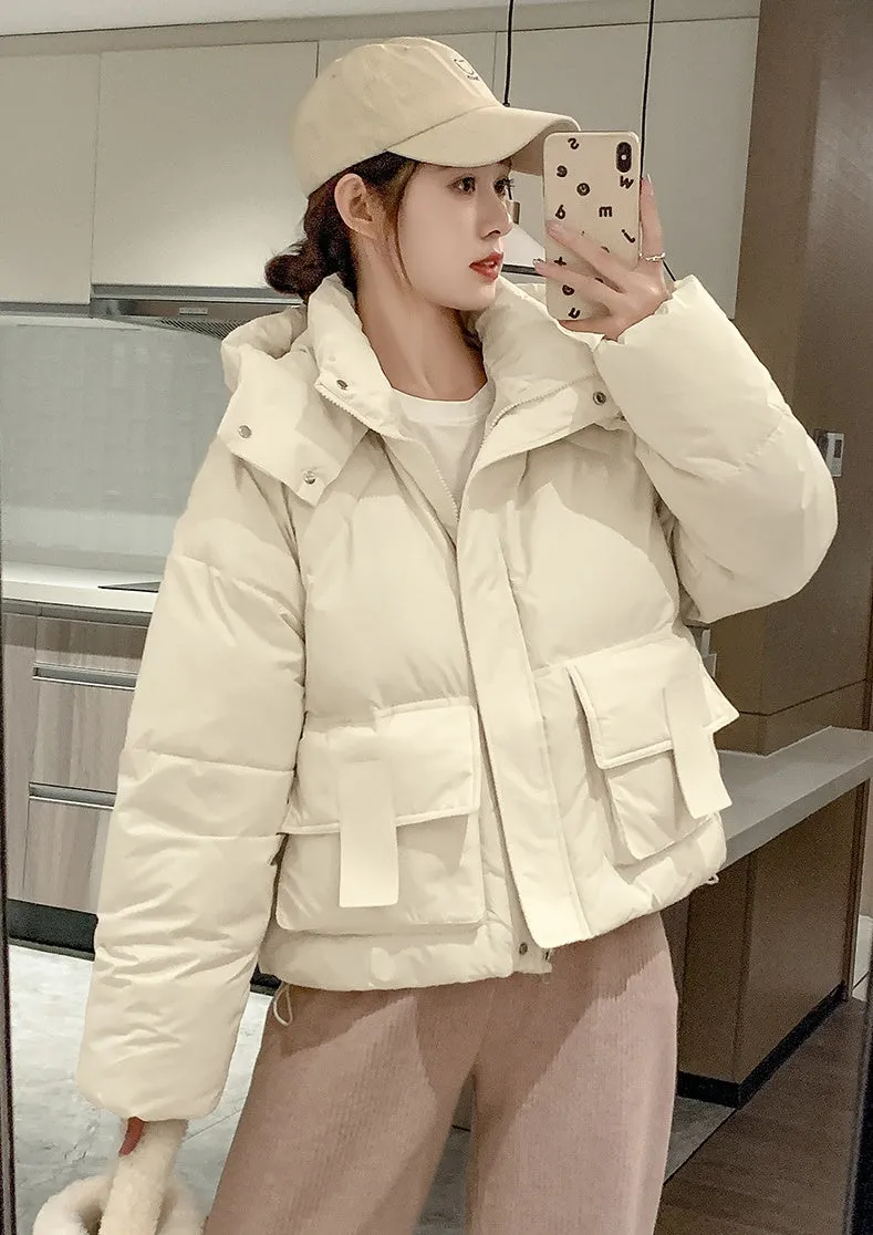 Solid Color Quilted Puffer Jacket with Flap and Patch Pockets