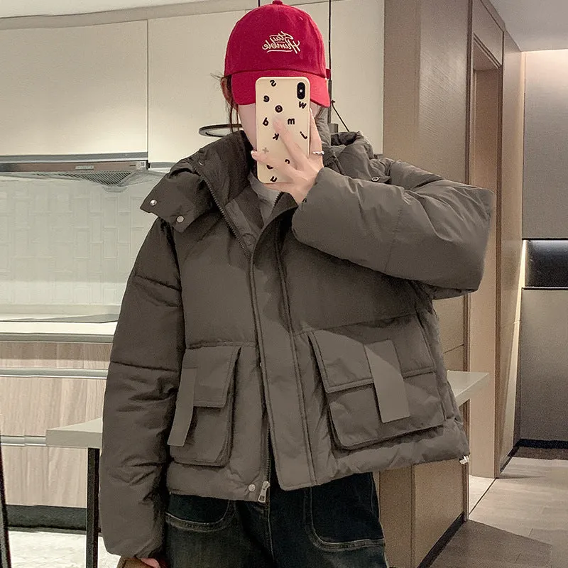 Solid Color Quilted Puffer Jacket with Flap and Patch Pockets