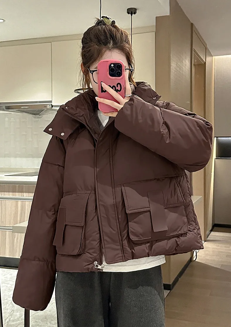 Solid Color Quilted Puffer Jacket with Flap and Patch Pockets