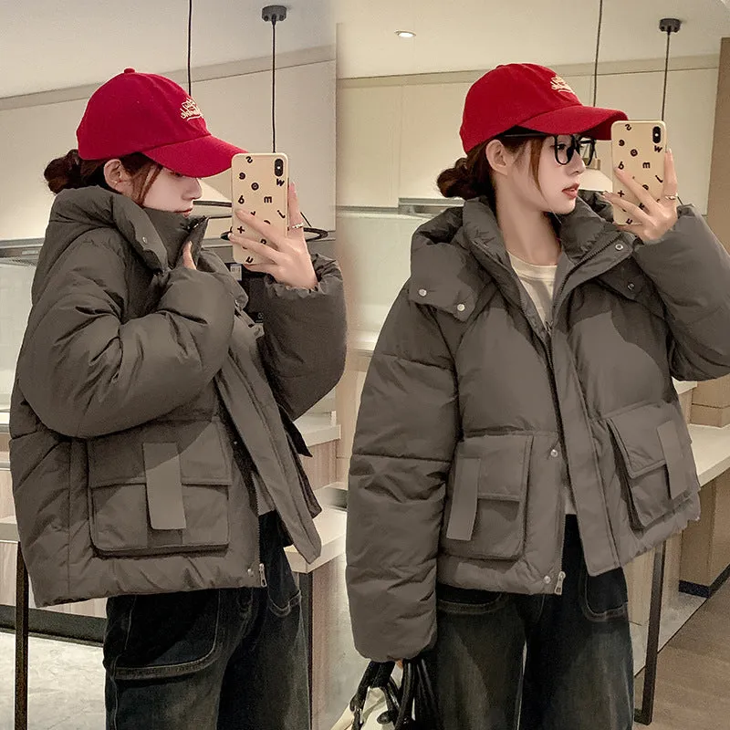 Solid Color Quilted Puffer Jacket with Flap and Patch Pockets