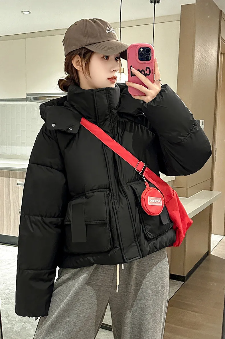 Solid Color Quilted Puffer Jacket with Flap and Patch Pockets