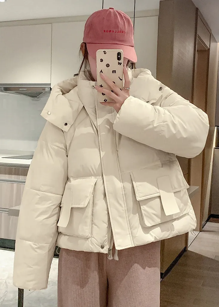 Solid Color Quilted Puffer Jacket with Flap and Patch Pockets