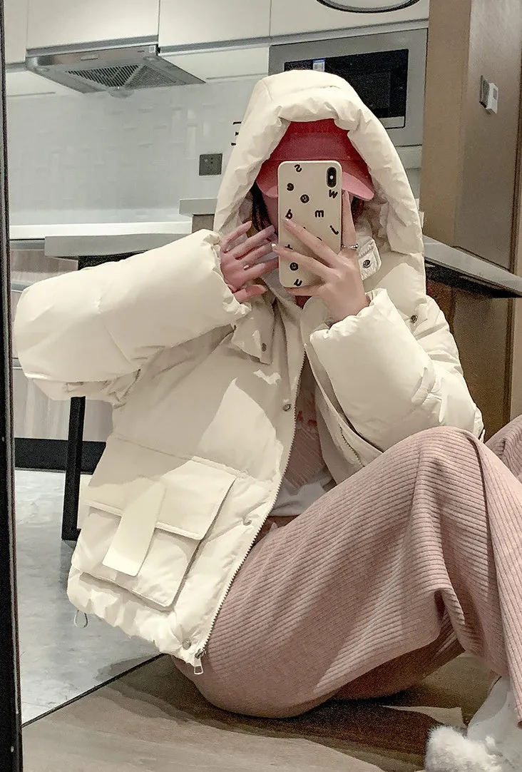Solid Color Quilted Puffer Jacket with Flap and Patch Pockets