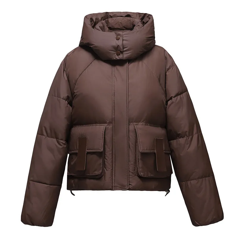 Solid Color Quilted Puffer Jacket with Flap and Patch Pockets
