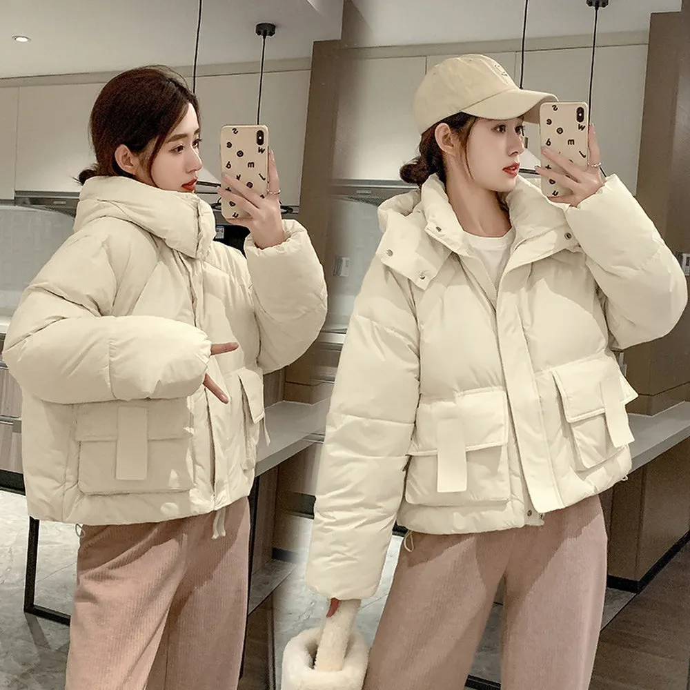 Solid Color Quilted Puffer Jacket with Flap and Patch Pockets