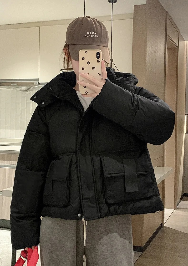 Solid Color Quilted Puffer Jacket with Flap and Patch Pockets