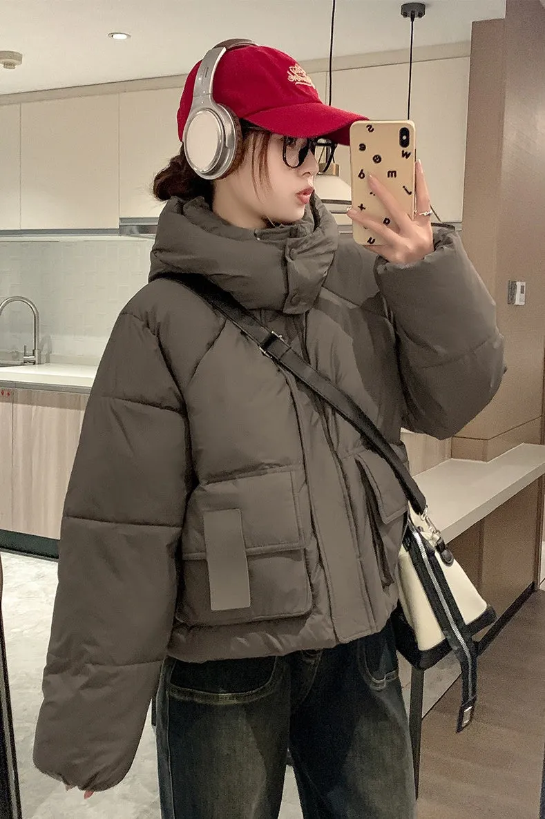 Solid Color Quilted Puffer Jacket with Flap and Patch Pockets