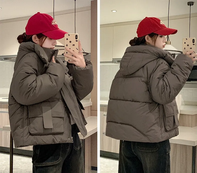 Solid Color Quilted Puffer Jacket with Flap and Patch Pockets