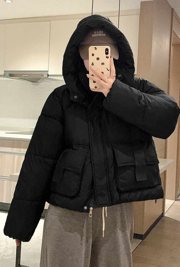 Solid Color Quilted Puffer Jacket with Flap and Patch Pockets