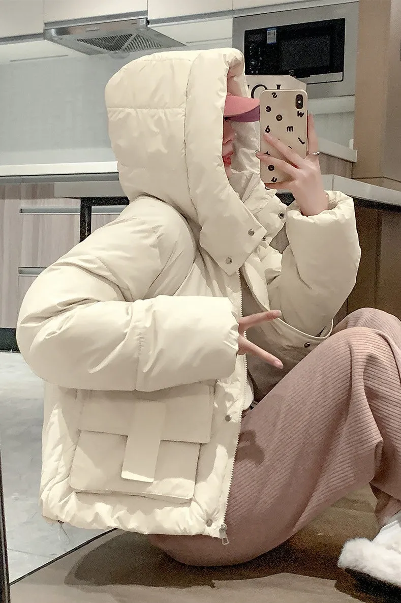 Solid Color Quilted Puffer Jacket with Flap and Patch Pockets