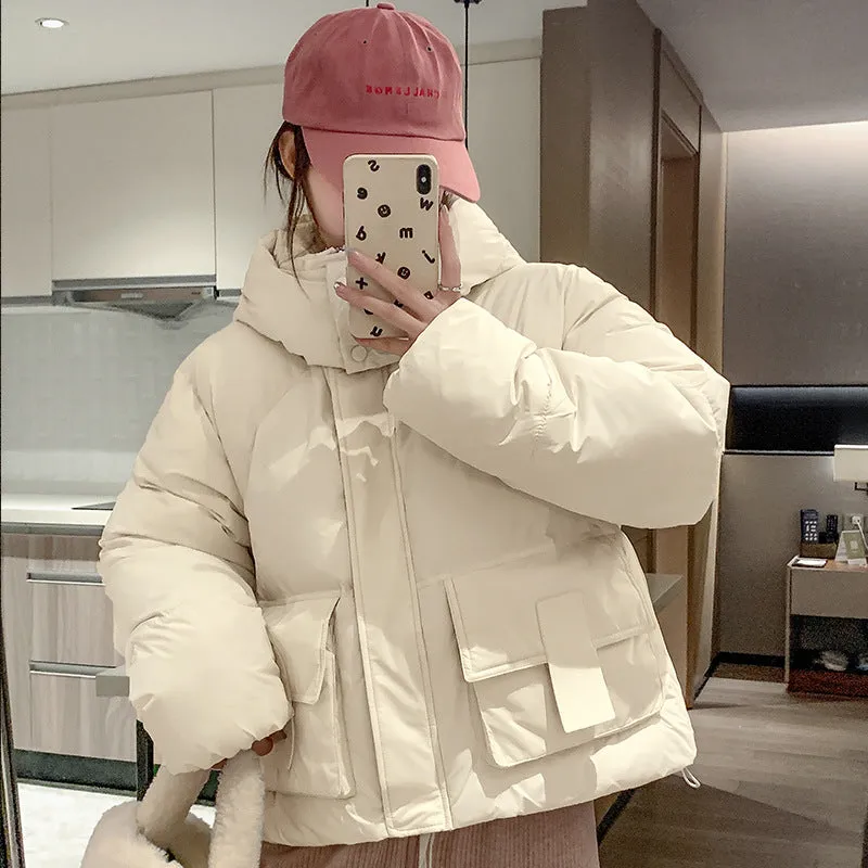 Solid Color Quilted Puffer Jacket with Flap and Patch Pockets