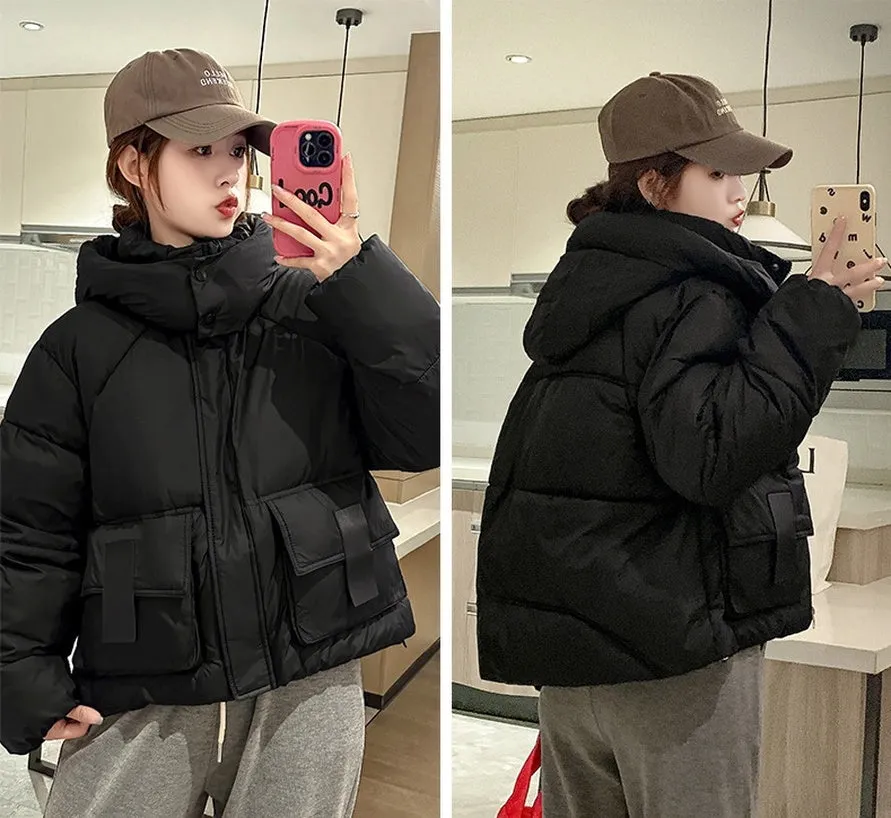 Solid Color Quilted Puffer Jacket with Flap and Patch Pockets