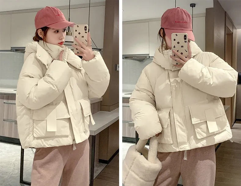 Solid Color Quilted Puffer Jacket with Flap and Patch Pockets