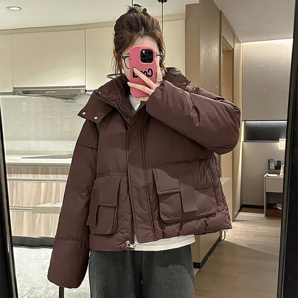 Solid Color Quilted Puffer Jacket with Flap and Patch Pockets