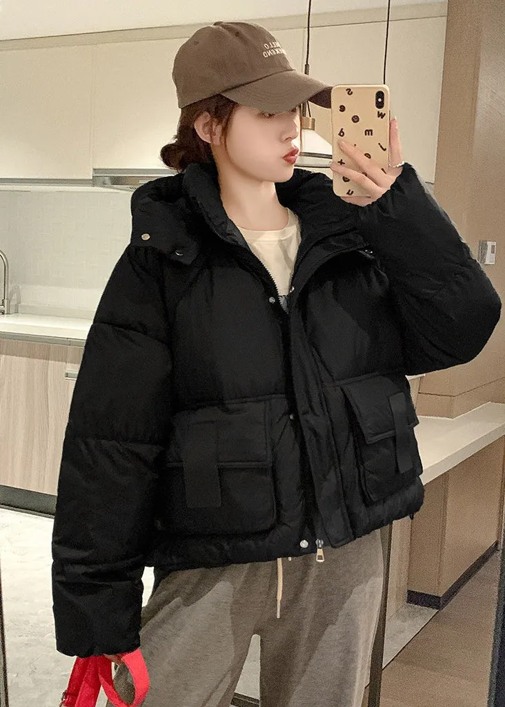 Solid Color Quilted Puffer Jacket with Flap and Patch Pockets