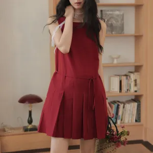 Solid Color Vintage Slip Dress with Pleated Design for Women