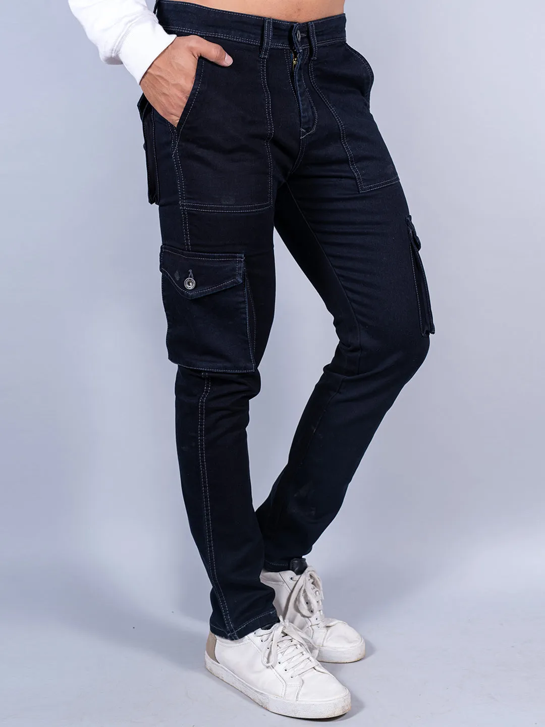 Solid Dark Blue Mens Cargo Pants