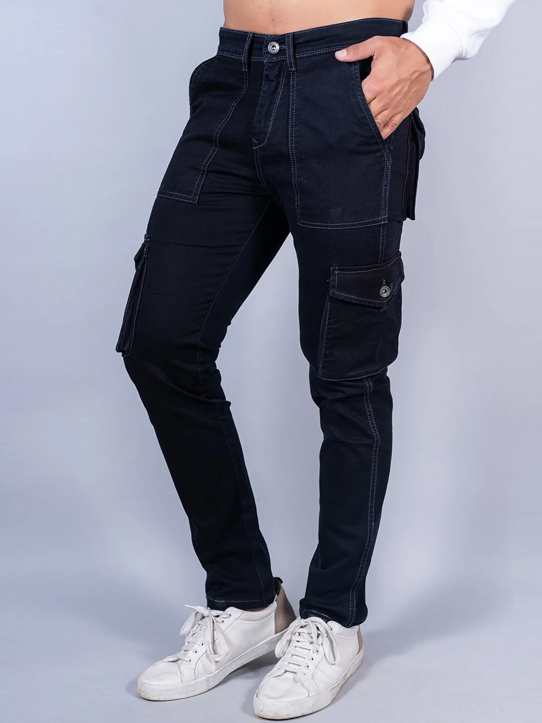 Solid Dark Blue Mens Cargo Pants