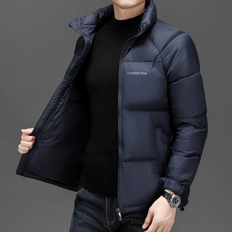 Solid Quilted Windproof Puffer Jacket for Men with Stain-Resistant Feature