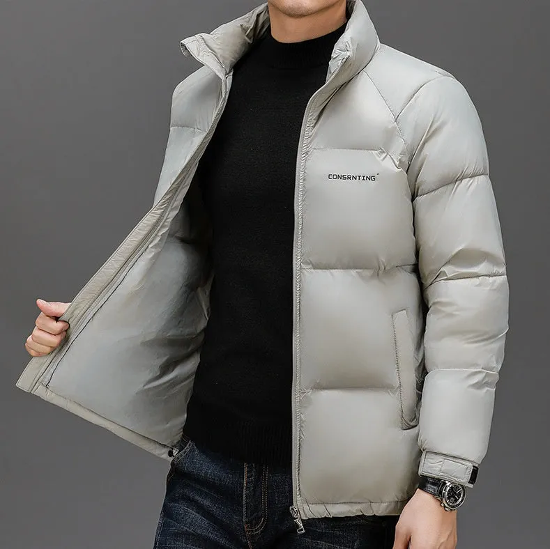 Solid Quilted Windproof Puffer Jacket for Men with Stain-Resistant Feature
