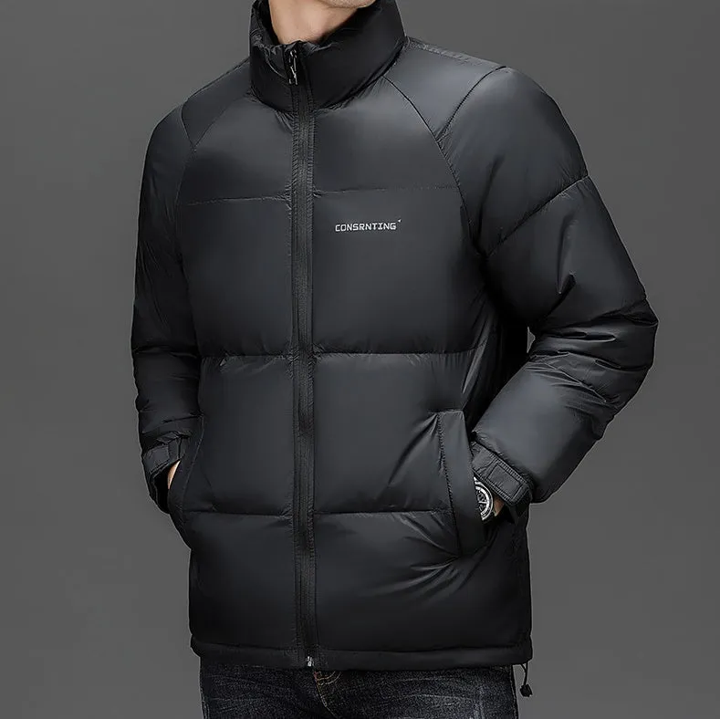 Solid Quilted Windproof Puffer Jacket for Men with Stain-Resistant Feature