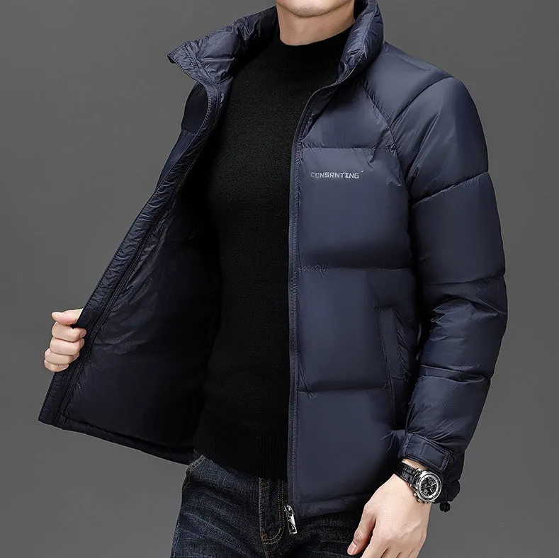 Solid Quilted Windproof Puffer Jacket for Men with Stain-Resistant Feature
