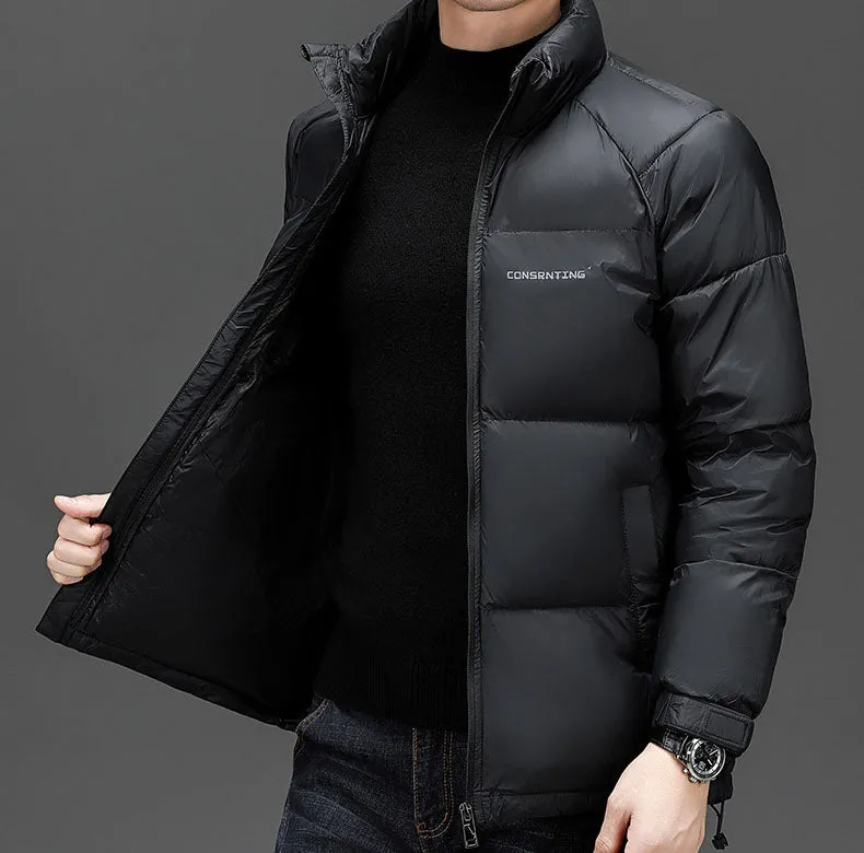Solid Quilted Windproof Puffer Jacket for Men with Stain-Resistant Feature
