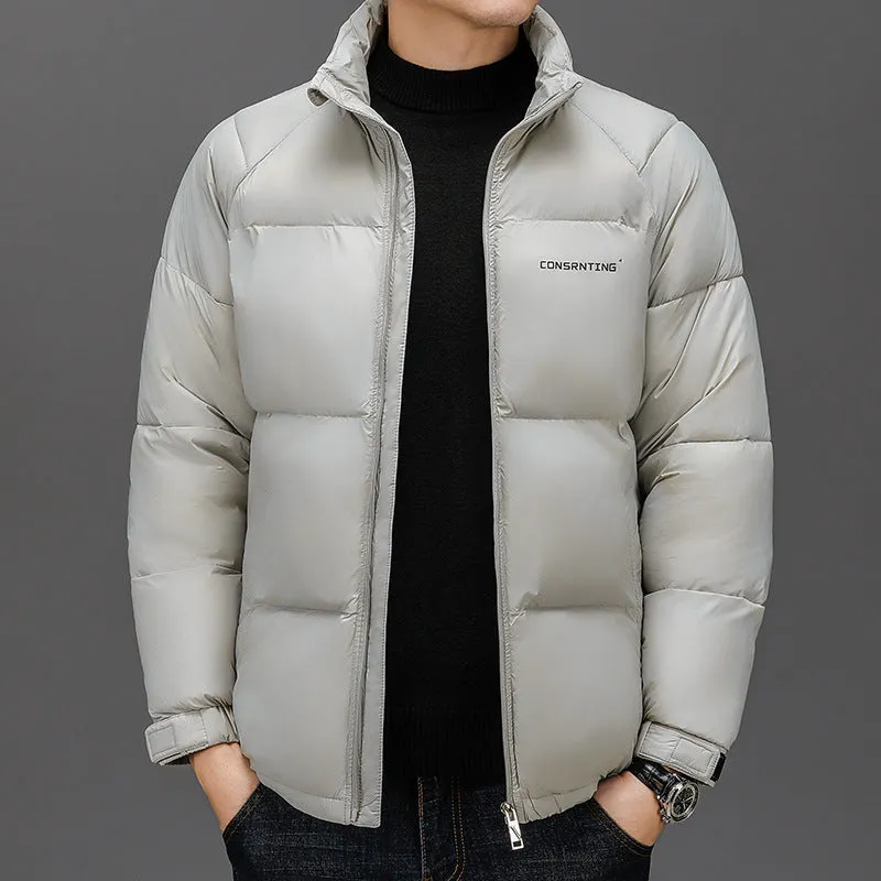 Solid Quilted Windproof Puffer Jacket for Men with Stain-Resistant Feature