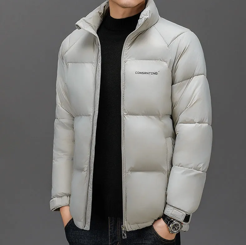 Solid Quilted Windproof Puffer Jacket for Men with Stain-Resistant Feature
