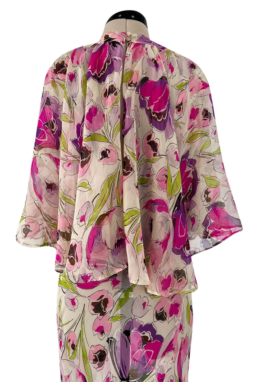 Spectacular 1930s Pink Tulip Printed Bias Cut Silk Chiffon Floral Print Dress w Caped Back