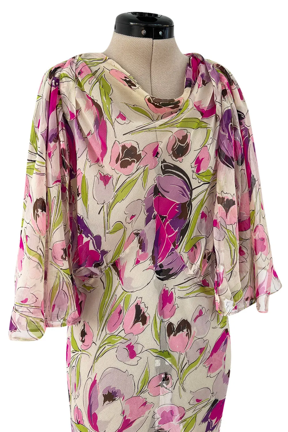 Spectacular 1930s Pink Tulip Printed Bias Cut Silk Chiffon Floral Print Dress w Caped Back