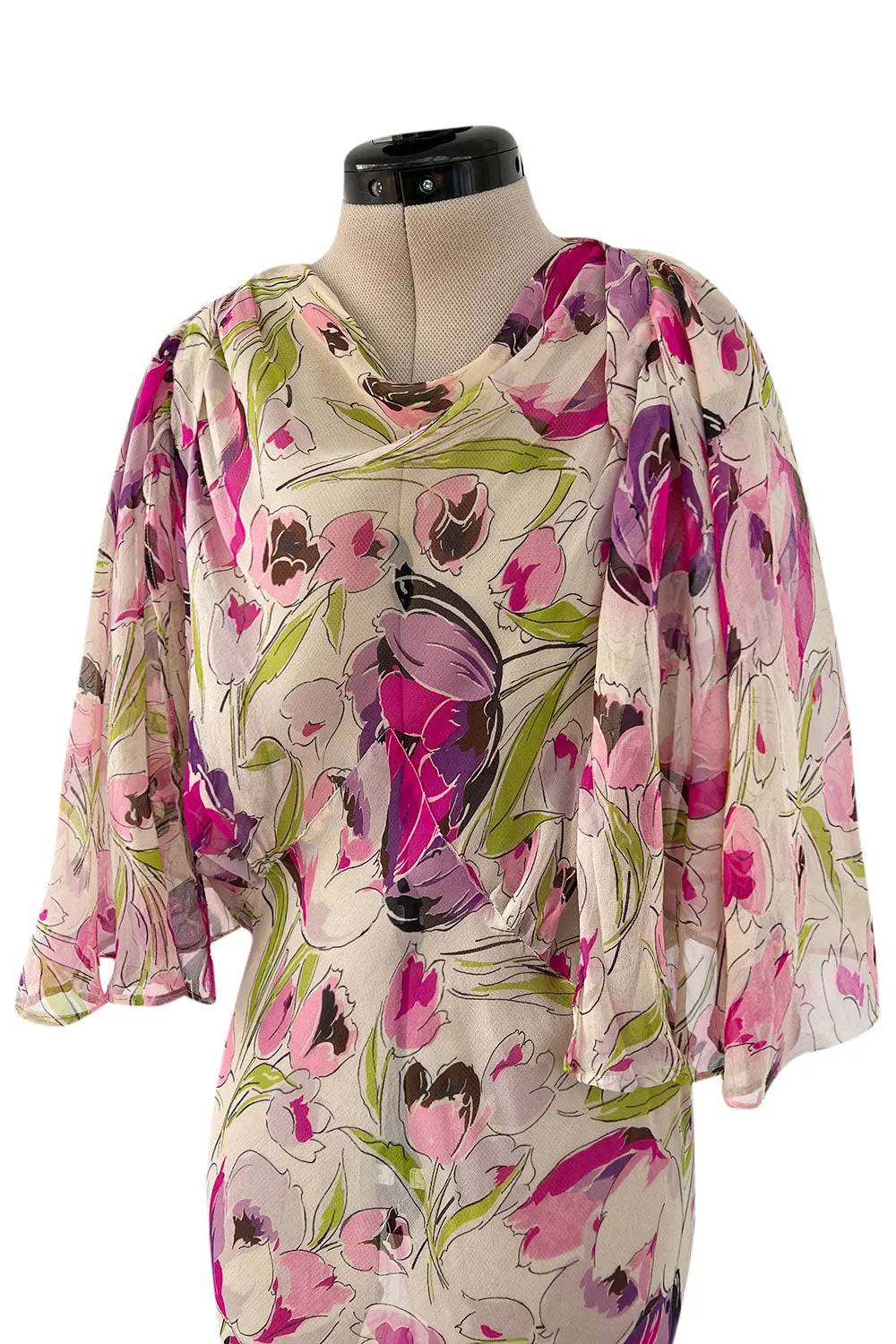 Spectacular 1930s Pink Tulip Printed Bias Cut Silk Chiffon Floral Print Dress w Caped Back