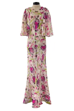 Spectacular 1930s Pink Tulip Printed Bias Cut Silk Chiffon Floral Print Dress w Caped Back