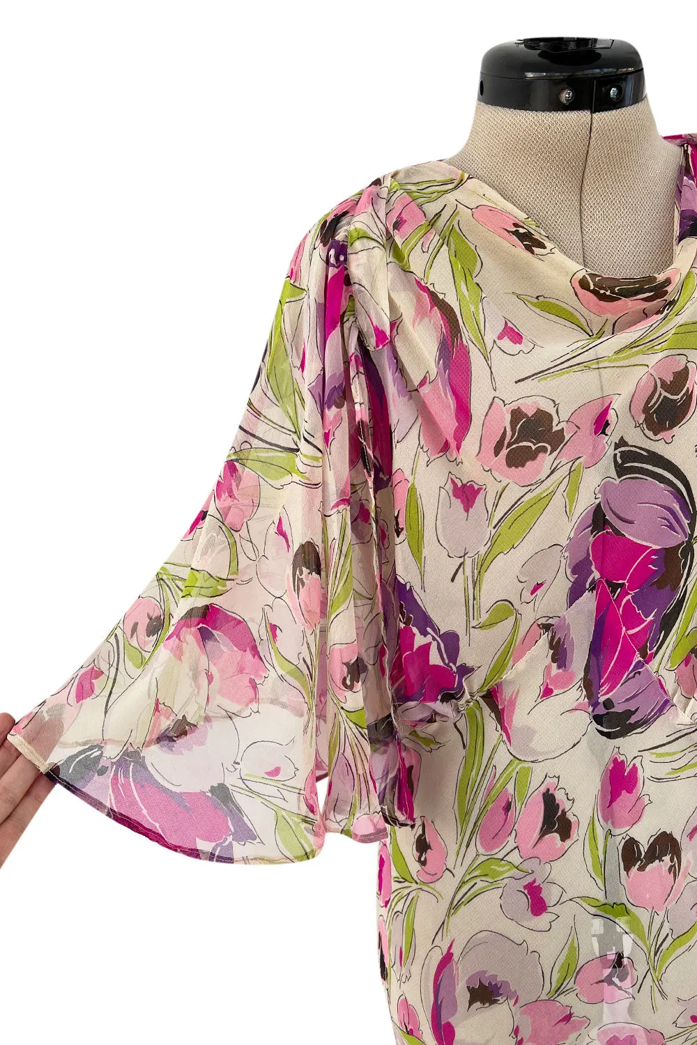 Spectacular 1930s Pink Tulip Printed Bias Cut Silk Chiffon Floral Print Dress w Caped Back