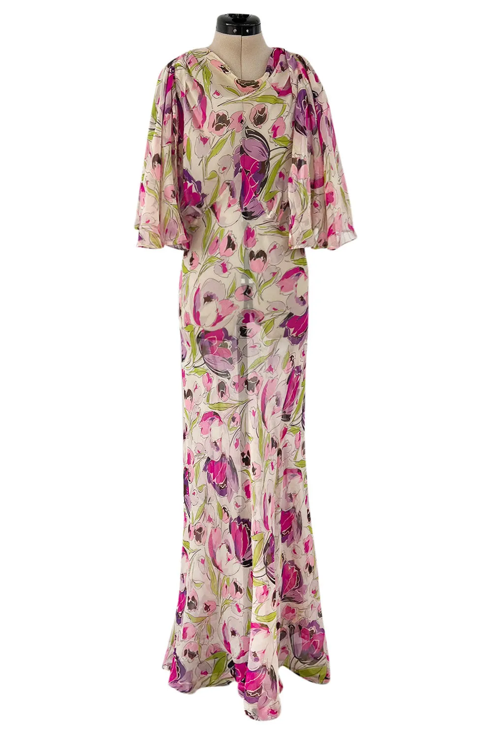 Spectacular 1930s Pink Tulip Printed Bias Cut Silk Chiffon Floral Print Dress w Caped Back